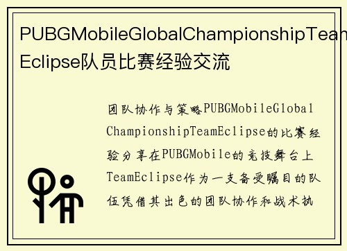 PUBGMobileGlobalChampionshipTeamEclipse队员比赛经验交流