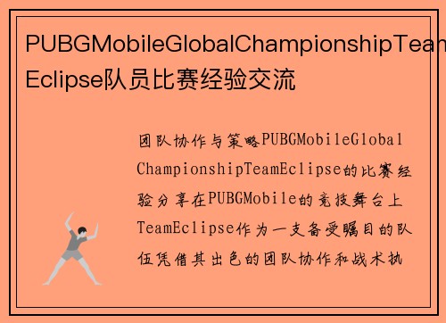 PUBGMobileGlobalChampionshipTeamEclipse队员比赛经验交流