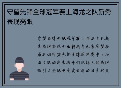 守望先锋全球冠军赛上海龙之队新秀表现亮眼